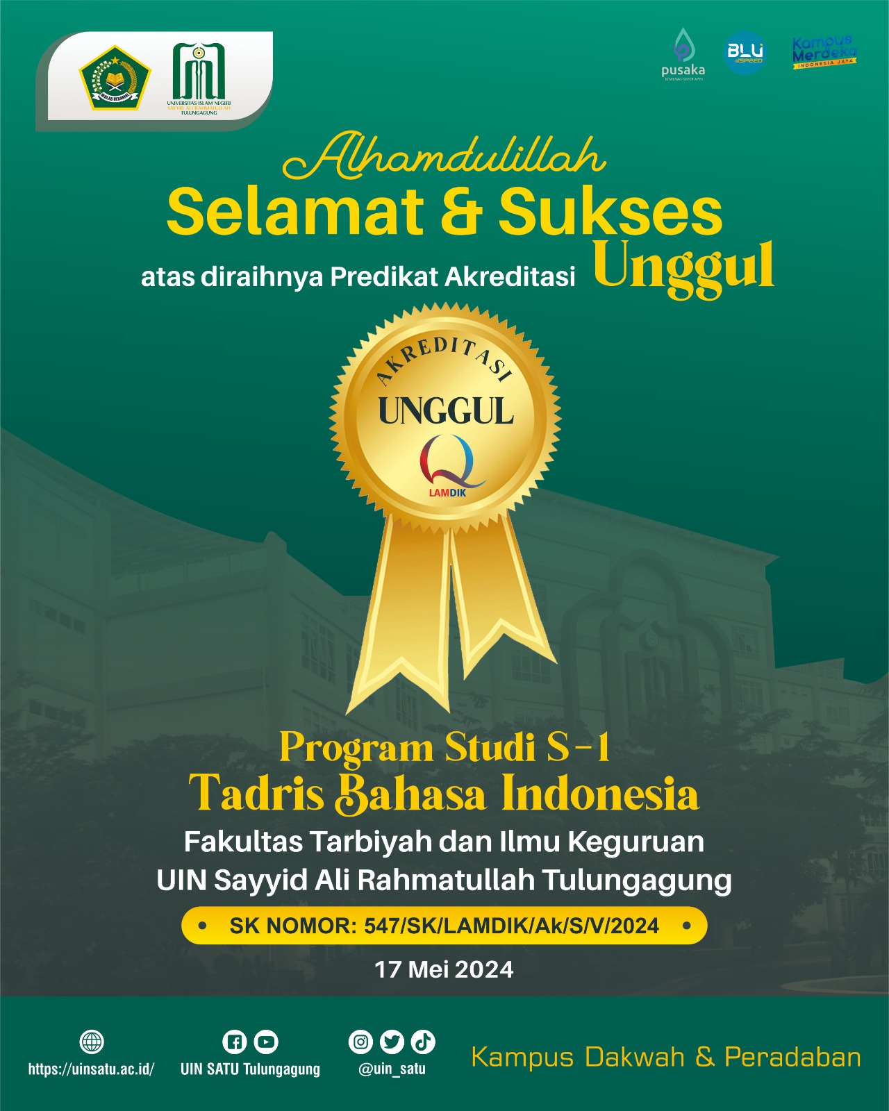 TBIn dan PGMI FTIK UIN Sayyid Ali Rahmatullah Tulungagung Raih Akreditasi Unggul