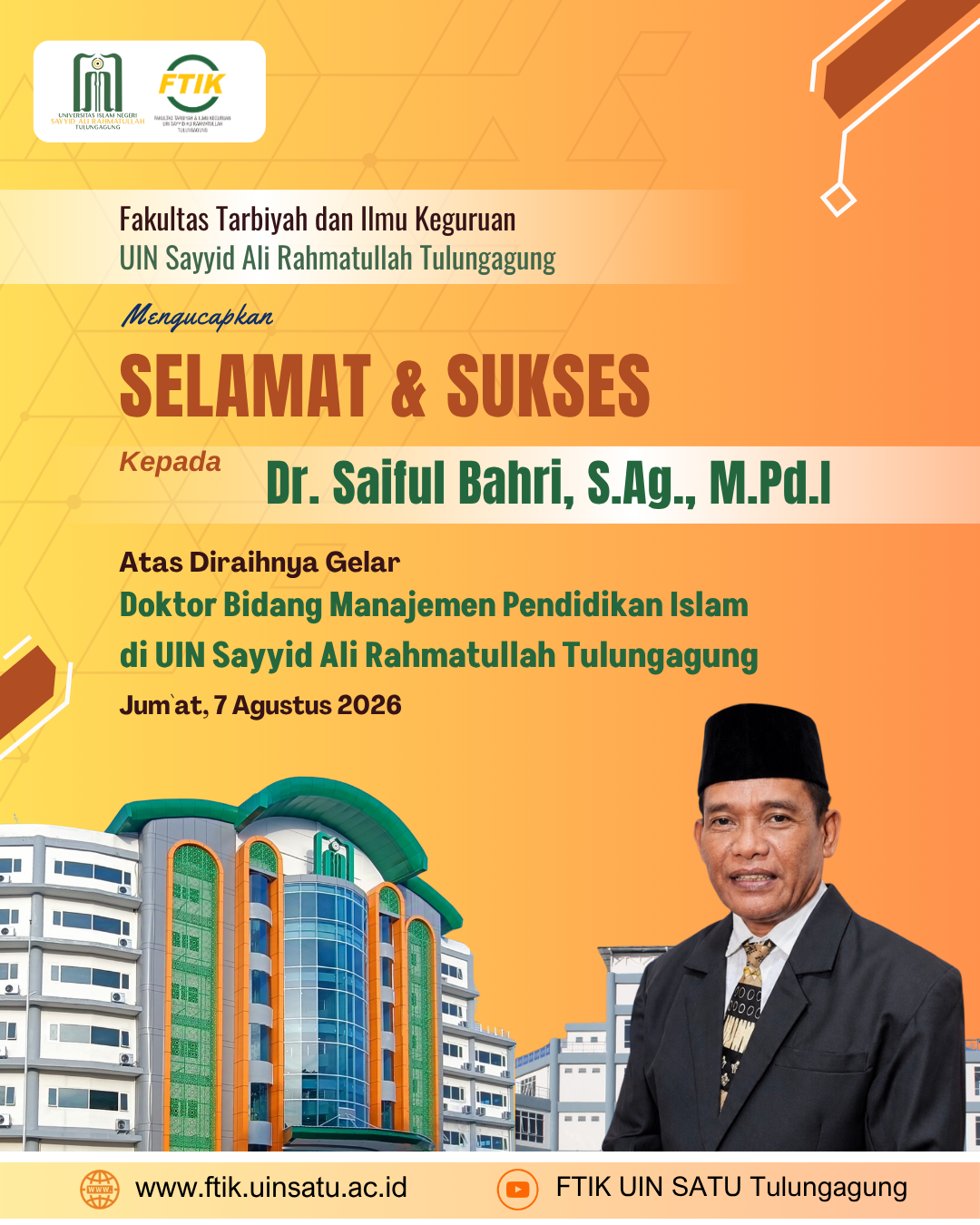 Mengukir Prestasi Akademik, Dr. Saiful Bahri, S.Ag., M.Pd.I Raih Gelar Doktor di Bidang Manajemen Pendidikan Islam